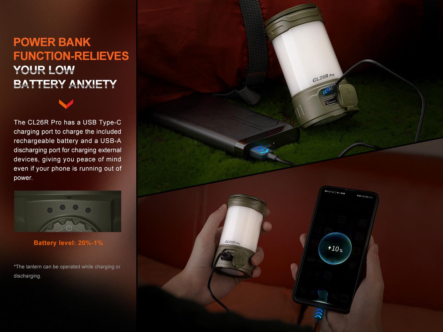 Fenix CL26R Pro - Lampada da campeggio a LED + power bank max. 650 lumen, luce bianca e rossa con batteria da 5.000 mAh e USB-C ricaricabile, colore: Grigio mimetico