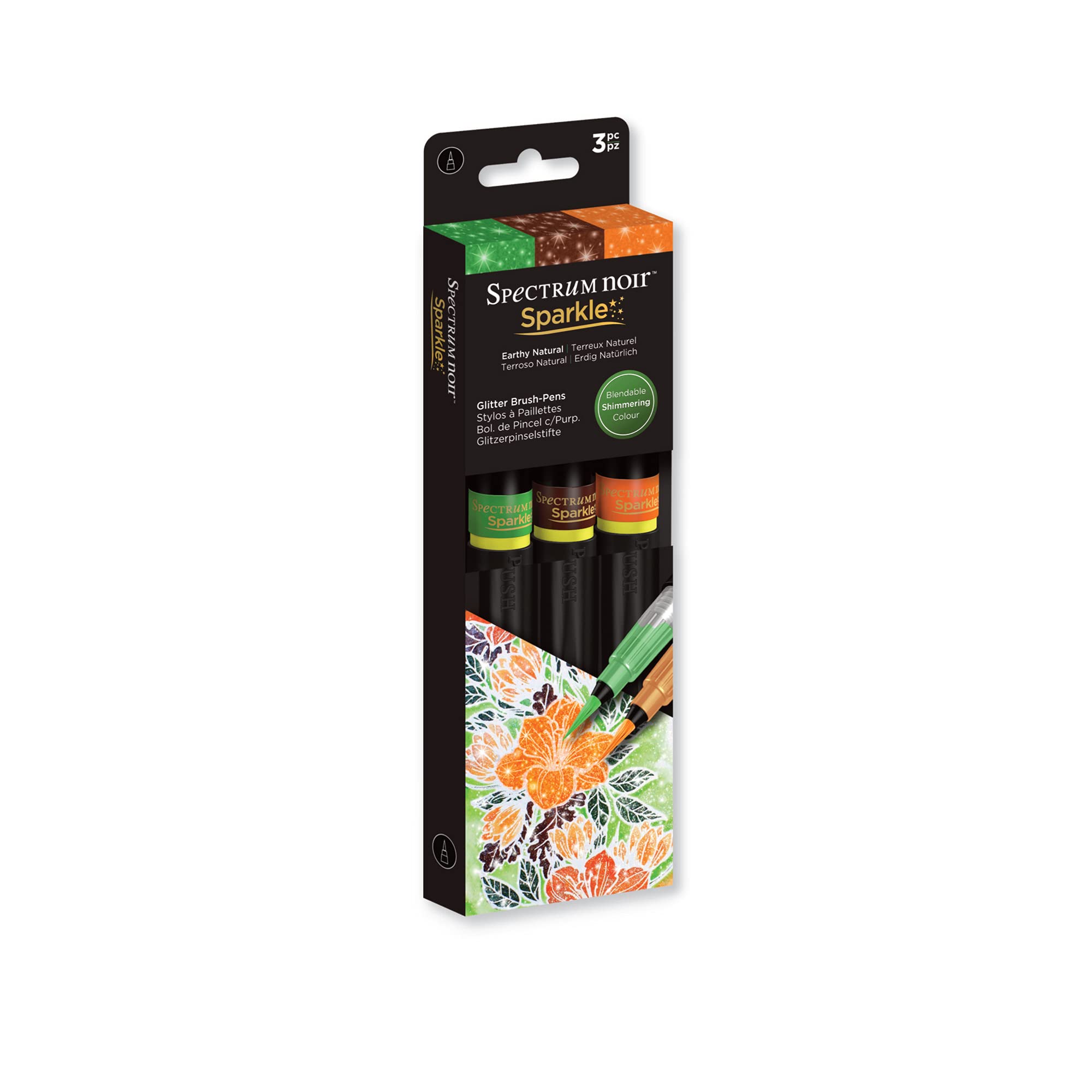 Spectrum Noir Sparkle Water-Based Fine Micro-Pigment Markers - Pack of 3 - Includes Flexible Brush Nib - Earthy Natural