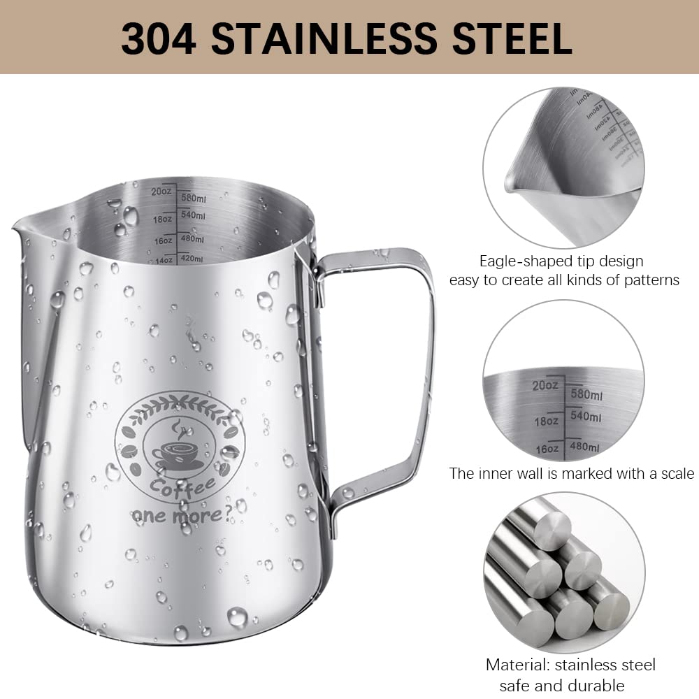 600ml Stainless Steel Milk Frothing Jug With Thermometer – Latte Art Pitcher & Coffee Stencil Set