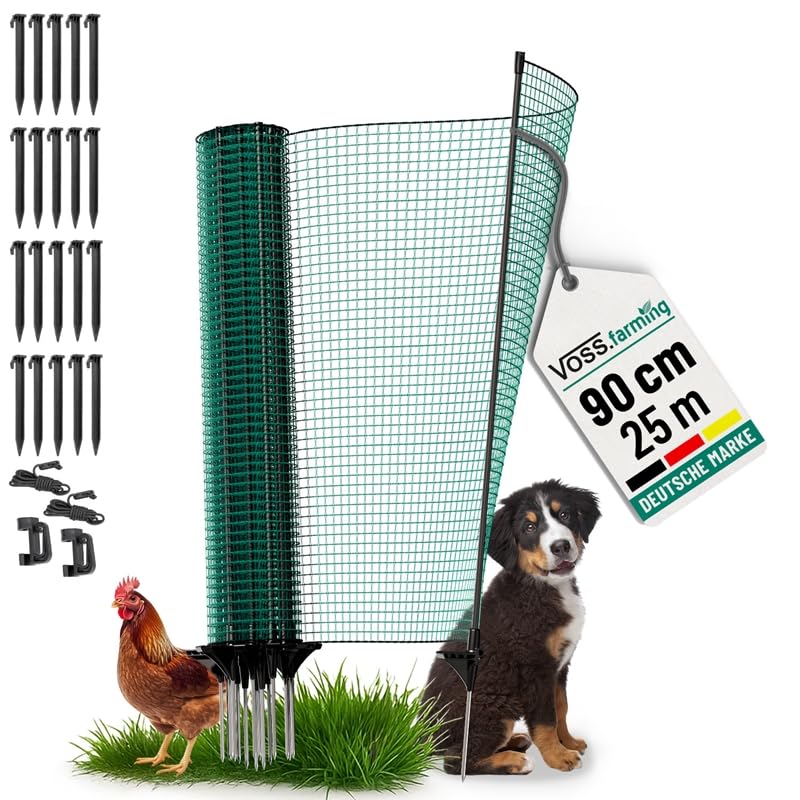VOSS.farming clôture Classic Non électrifiable, 25 m x 90 cm, 15 piquets, 1 Pointe Filet pour Animaux, clôture Mobile de Jardin et Cour
