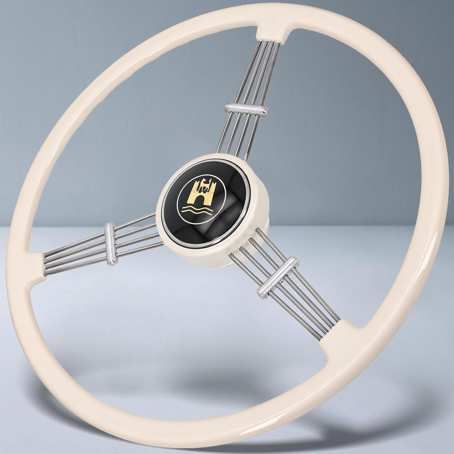 Sorghum 15" Universal Steering Wheel - 3 Spokes Classic Steering Wheel with Horn Button Compatible with 1965-1973 Porsche 911 912 - Piano Lacquer Ivory