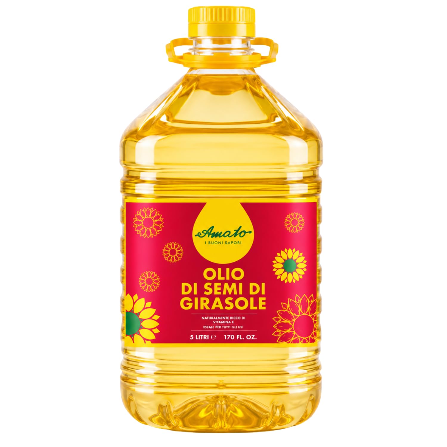 Amato Olio di Semi di Girasole 5 Litri, Olio Alimentare per Fritture, Cottura e Condimenti, Tanica PET, Confezione Multipla da 4/8/12 Pezzi (8 PEZZI)