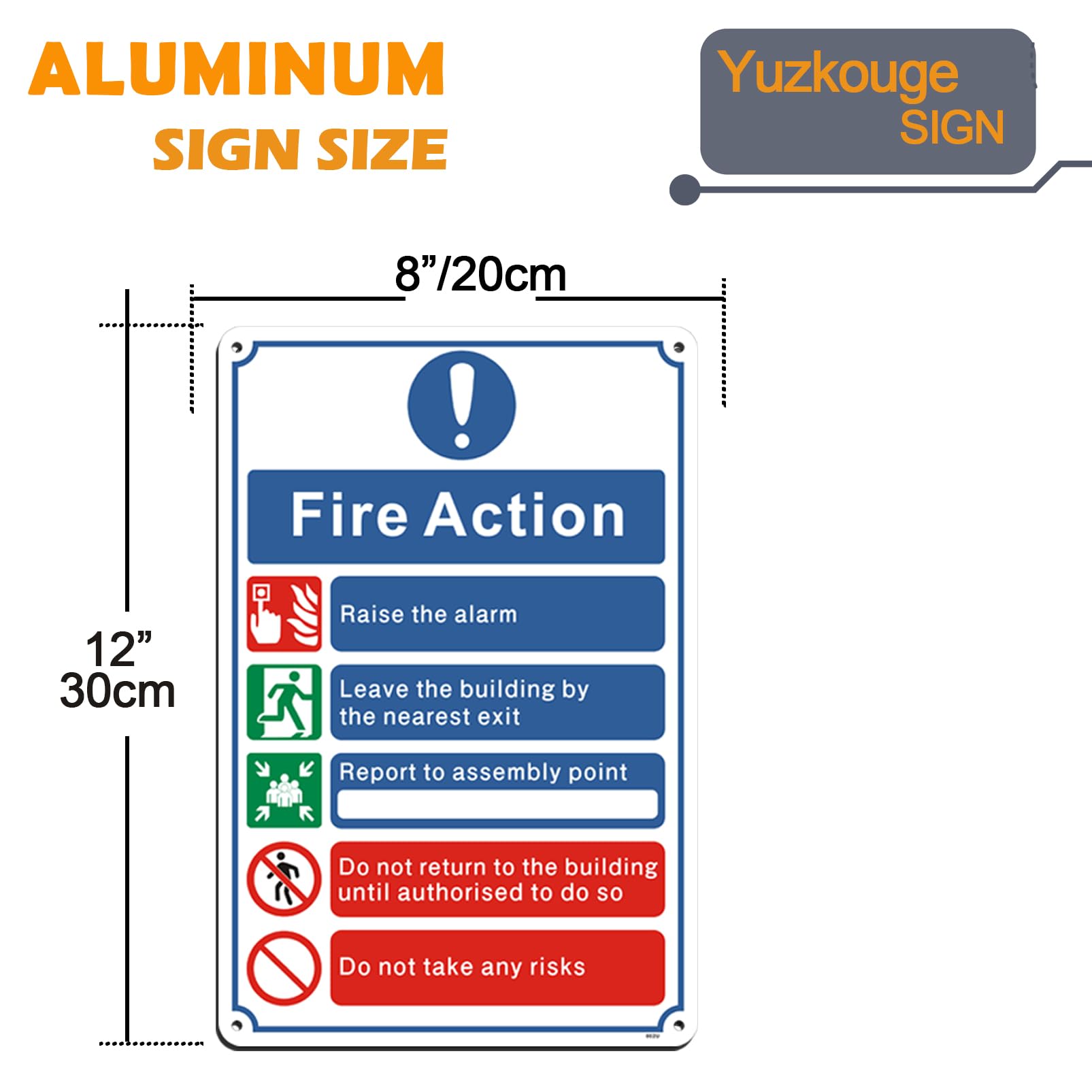 Yuzkouge Fire Action Notice Sign - 3 Pack, 20 x 30 cm Rust Free Aluminum Fire Safety Sign, Weatherproof, Fade Resistant, Easy Mounting - Image 2