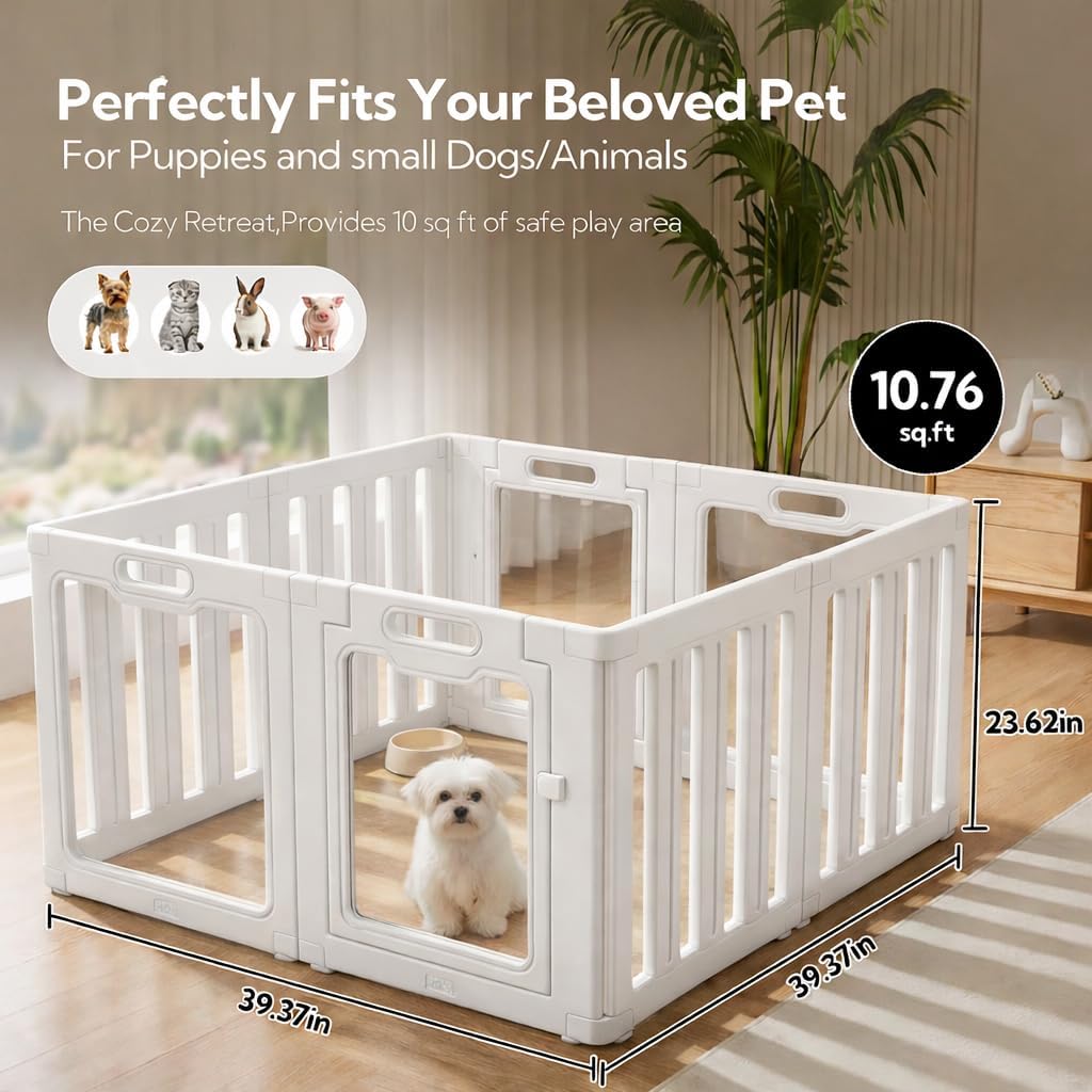 Soulbond Clear Acrylic Dog Playpen Indoor, Non-Slip,Tool-Free Assembly, External Door Lock Play Pen for Puppies and Small Dogs (24 Inch, White, 8 Panel)