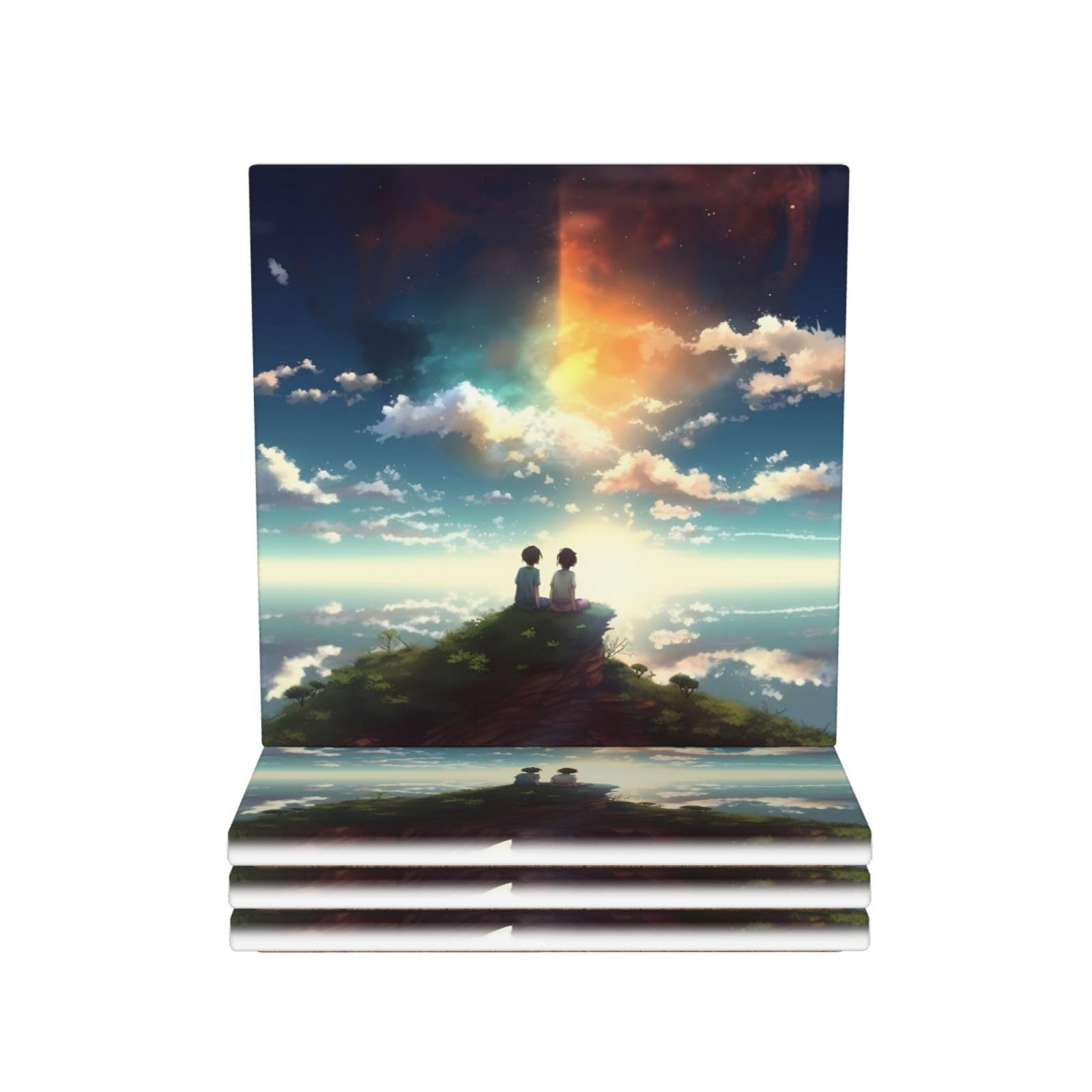 Drink Coasters Set of 4 Coffee Ceramic Coaster Anime Sky Coasters for Drinks Coffee Cup Mat Heat Resistant Tabletop Protection Coaster Desk Accessorie Home Decorative