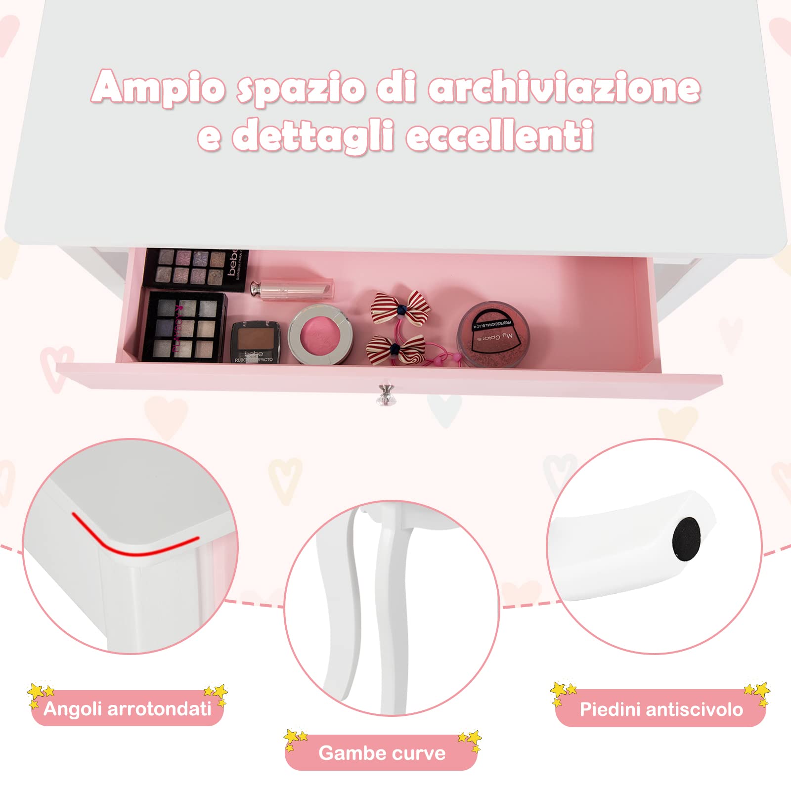 RELAX4LIFE Set Toeletta in Legno con Sgabello, Tavolo da Trucco con Cassetto con 3 Specchi per Bambini, Kit Toeletta da Trucco con Sedia per Bambine, Giocattolo da Trucco per Bambini (Bianca)