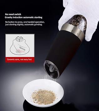 Gravity Electric Salt and Pepper Grinder Set, Battery Operated, Automatic Salt and Pepper Mills with Blue Light(Black, 2pcs/Pack), Adjustable Coarseness,One Handed Operation,Cleaning Brush