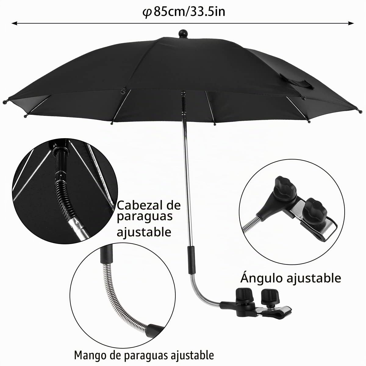Parasol universal UV 50+ con pinza ajustable y brazo flexible para cochecito, bicicleta, silla de ruedas, silla de playa, Negro , 85CM(B)