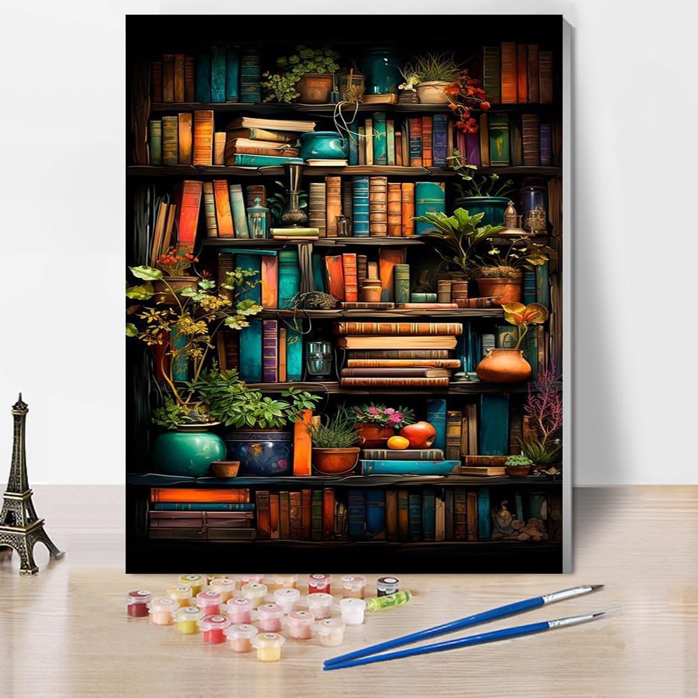 Jakener Book Paint by Numbers for Adults with Frame,Bookshelf Plants Painting by Numbers for Adults DIY Paint by Numbers Kits for Home Wall Decor 12x16inch