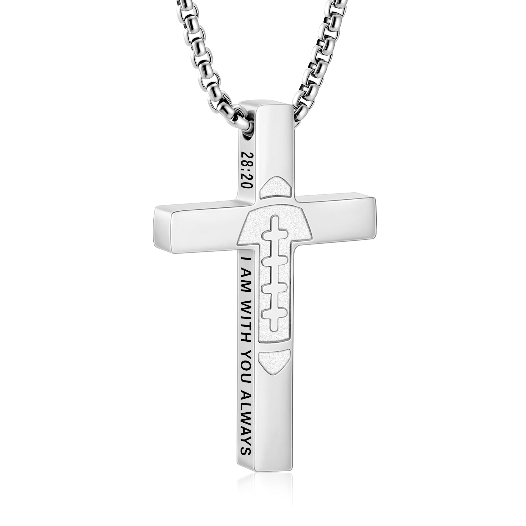 Football Game Day Cross Necklace for Boys Men, Stainless Steel Bible Verse Cross Pendant Chain Sports Gear Stuff Christian Religious Jewelry Gifts