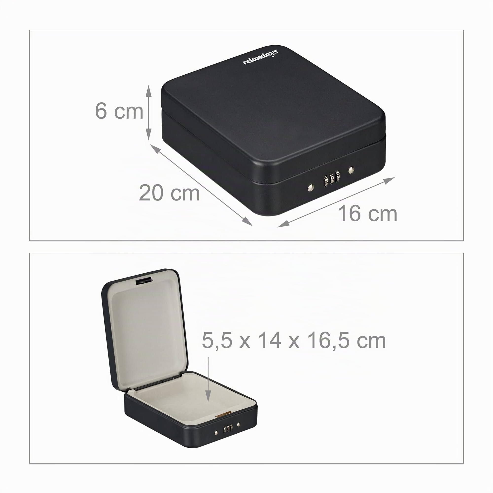 Relaxdays Caja Fuerte Portátil Seguridad, Cerradura Combinación Numérica, Coche o Viaje, Acero, 6 x 16 x 20 cm, Negro