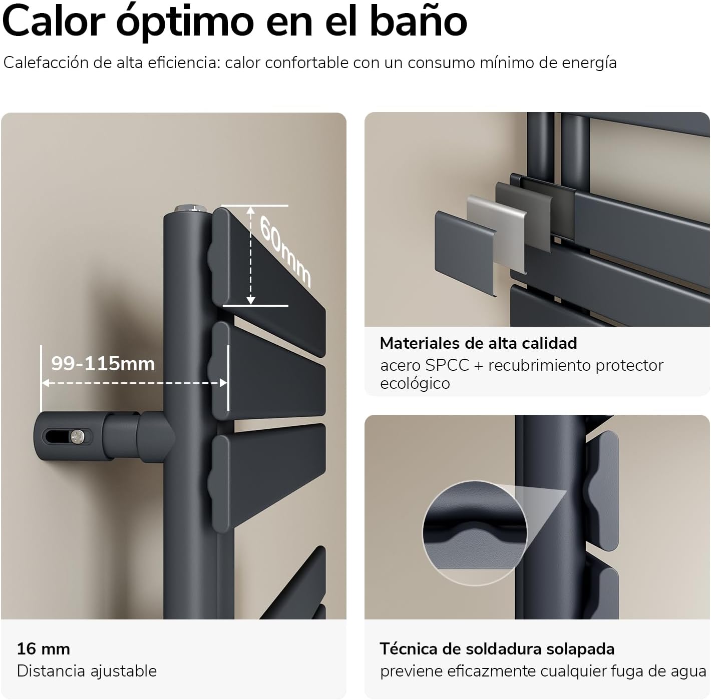 Close-up of the EMKE towel radiator showing high-quality materials and seamless welding technique