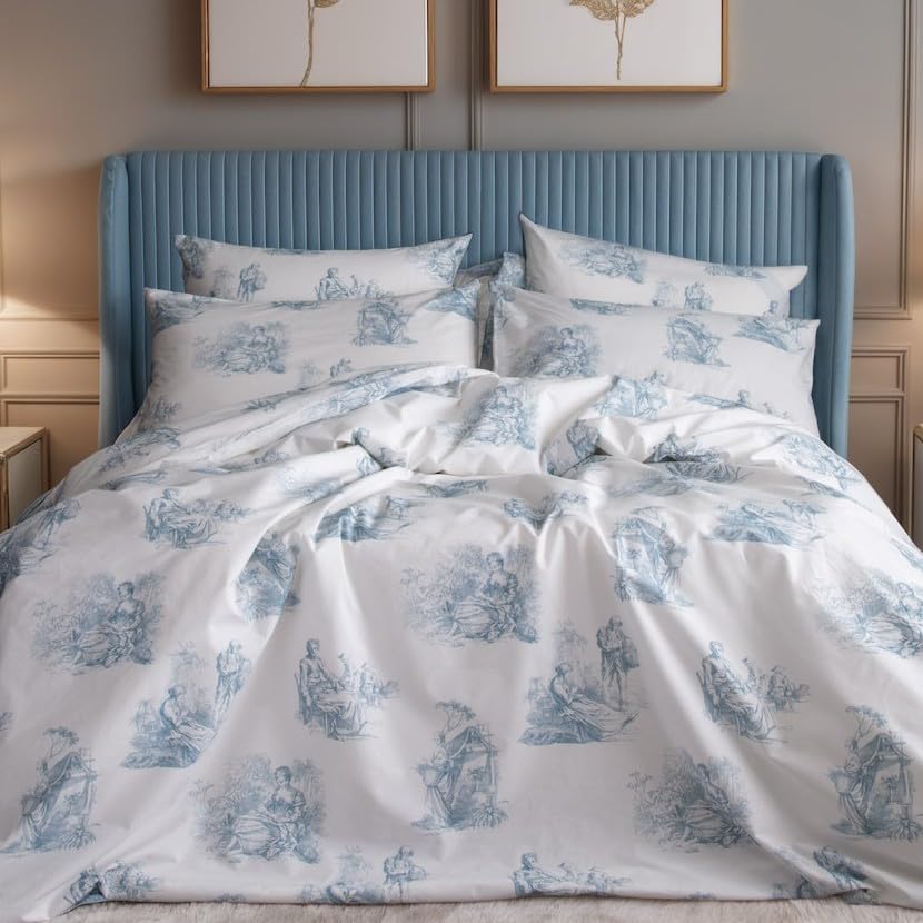 LERUUM Parure De Lit 220x240 Imprimé Adulte Coton Bleu Blanc Toile De Jouy Percale Housse De Couette avec 2 Taie d'oreiller pour 2 Personnes