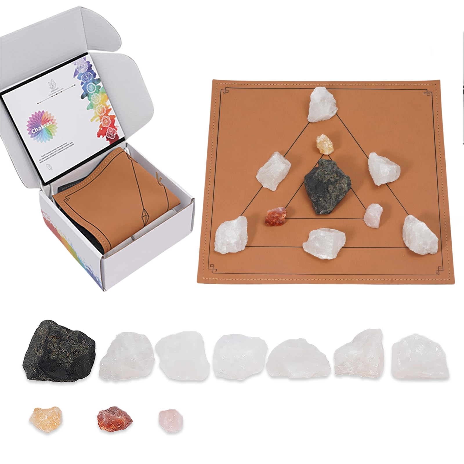 DOCVUT Natural Healing Crystals and Stones Set for Misuse, Chakra Crystal Raw Rocks, Crystal Grid Meditation - Includes Black Tourmaline, Citrine, Rose Quartz, Red Agate, Clear Quartz