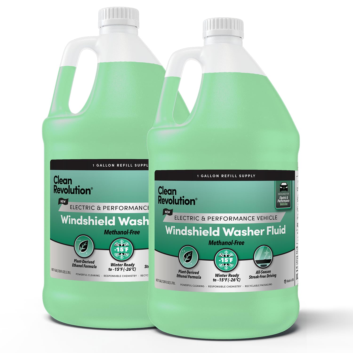 Clean Revolution EV Windshield Washer Fluid, 128oz 2-Pack, 100% Methanol-Free, Winter Ready up to -15°F, Compatible with Electric Vehicles and Performance Cars (2 Pack)