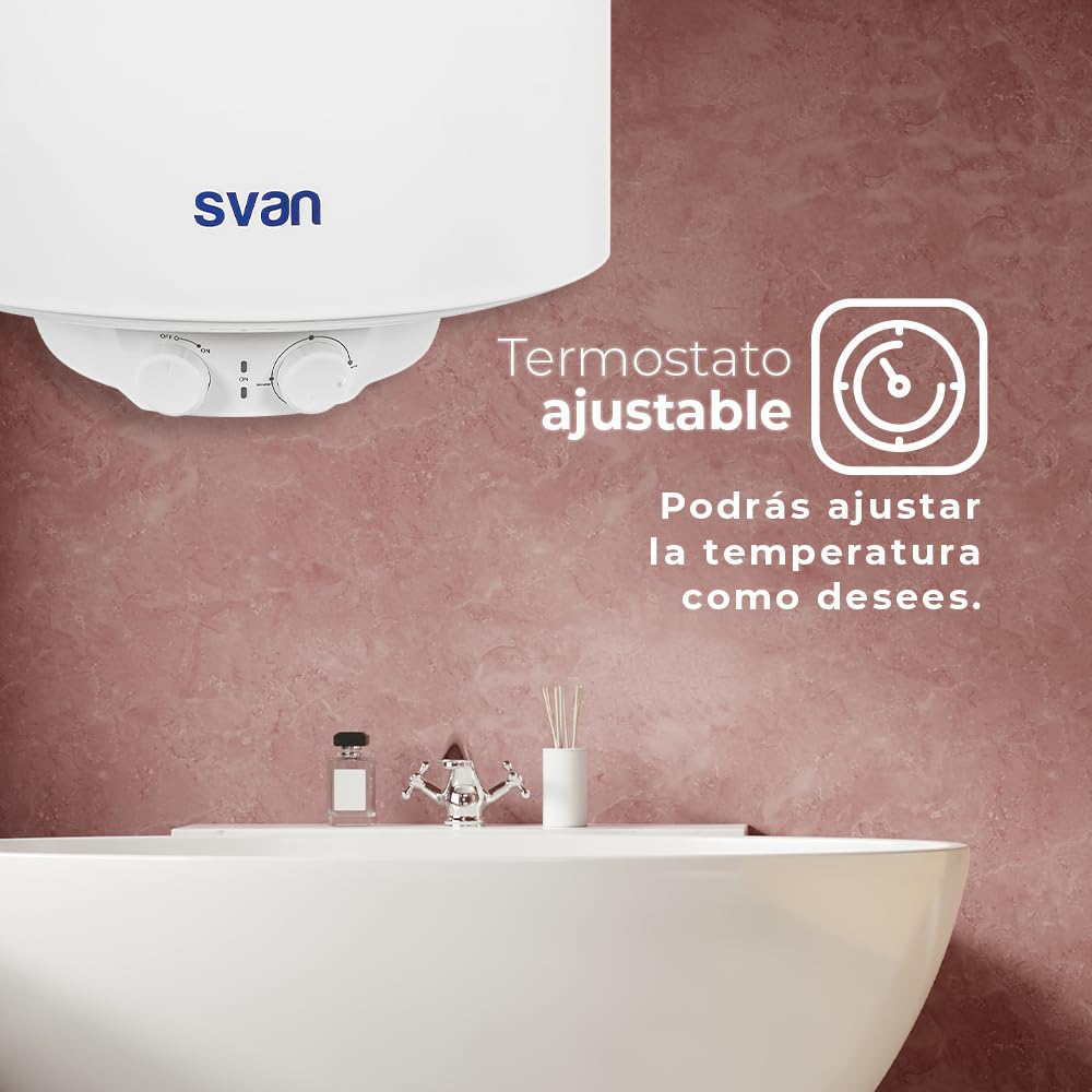 Svan Termo Eléctrico Vertical 92 Litros ST10000. Instalación Vertical, 1500W, Incluye Kit de Montaje, Resistencia de Acero inoxidable, Blanco, Eficiencia Energética Clase C