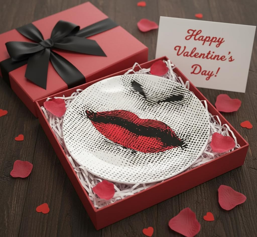 AlphaDesignLuxe 10" Italian-Style Decorative Plate – Modern Art Face Design, Handcrafted Ceramic Platter for Tabletop or Wall Display (Red Lips)