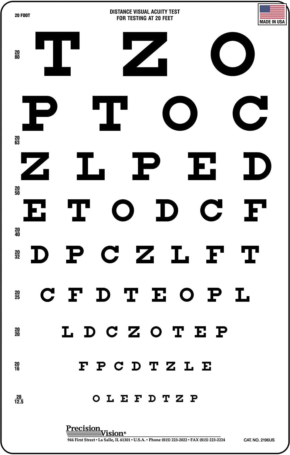 Snellen Vision Eye Test Chart 20 ft (6 Meter) Distance