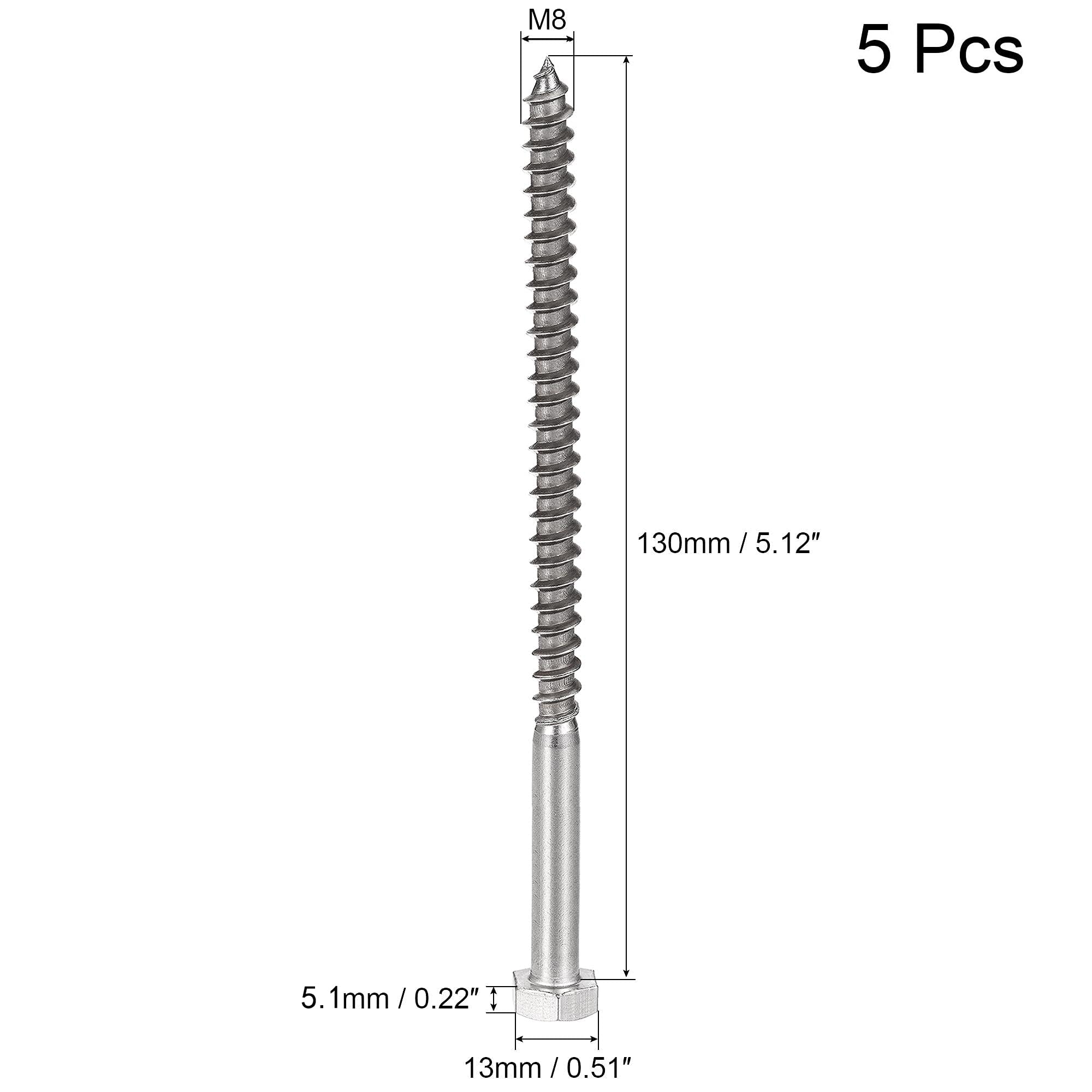 Unifizz 5 Pcs Hex Lag Screws, M8 x 130mm 304 Stainless Steel Wood Bolts - Image 2