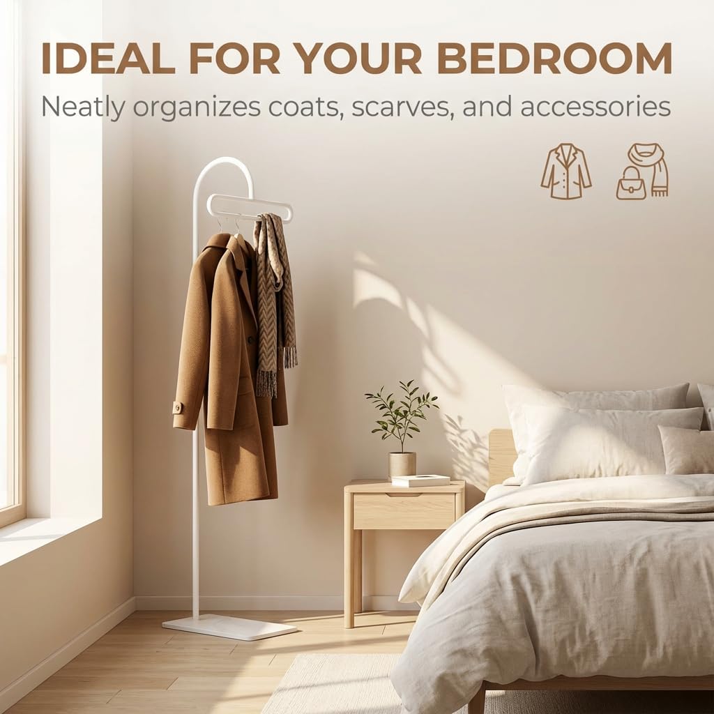 Modern Freestanding Coat Rack, White Standing Clothes Rack with Weighted Sintered Stone Base, Minimalist Entryway Coat Hanger for Bedroom Living Room