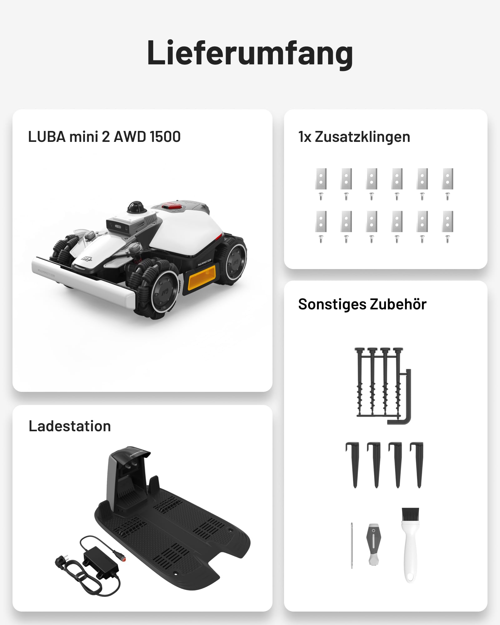 MAMMOTION LUBA mini 2 AWD 1500 Rasenroboter ohne Begrenzungskabel, empf.1500 m², 360° LiDAR & Dual-Kamera KI Vision, Auto Höhenanpassung,80% Steigung, DropMow, Auto Mehrzonen Kartierung,20 Multi-Zonen