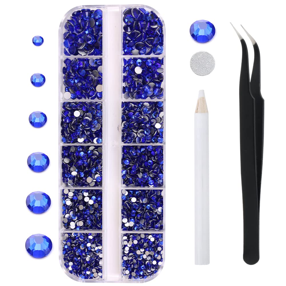 GAVIYE3792 Pieces Flatback Rhinestones for Crafts,Nail Gems Gemstones Crystals Jewels,Craft Glass Diamonds Stones Bling Rhinestone with Tweezers and Picking Pen(SS6~SS20 Blue)