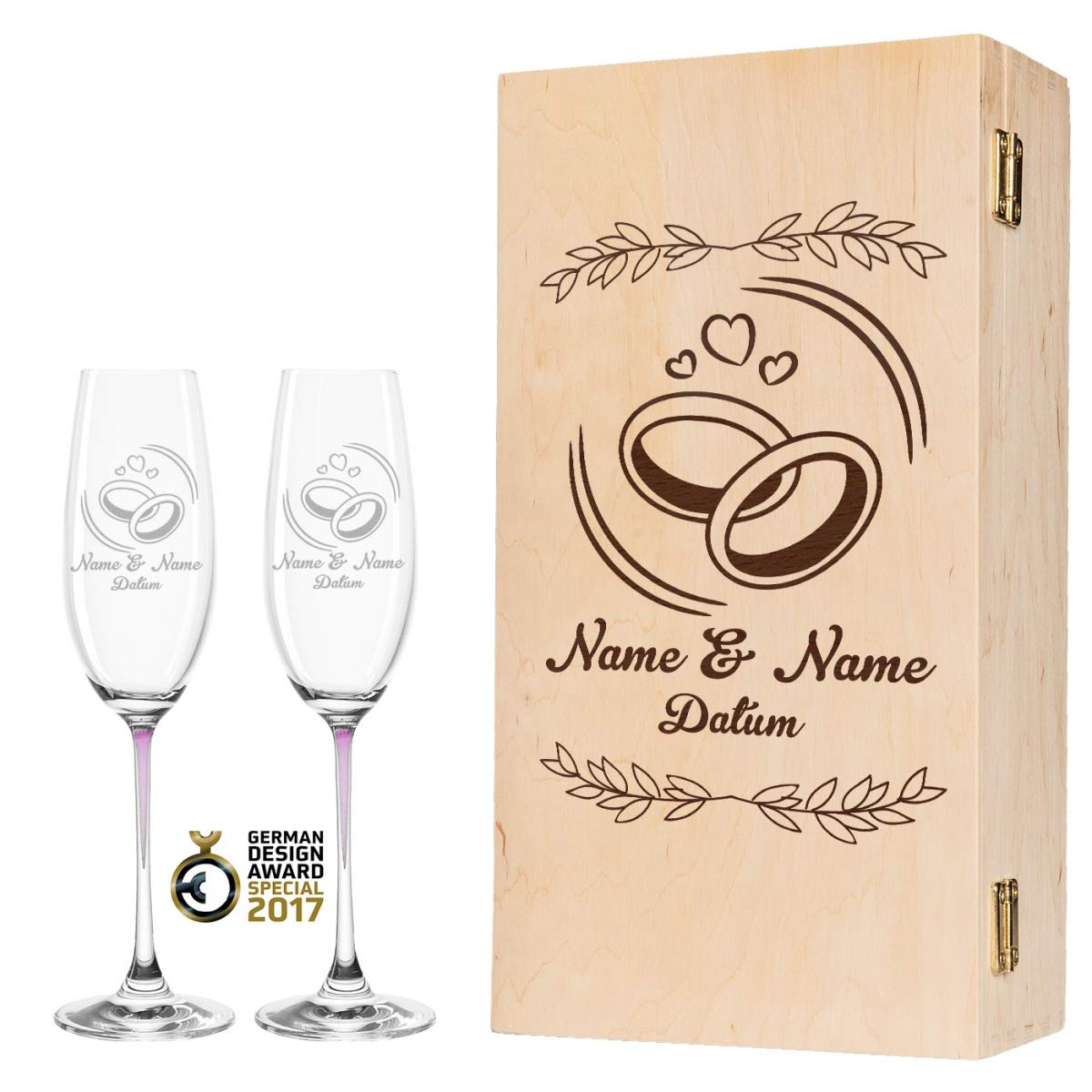 Leonardo - Set di calici da spumante La Perla in esclusiva – Wedding Rings Design – Regalo di nozze personalizzato per la coppia di sposi – regalo di nozze colore rosa