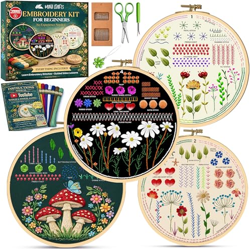 Image of Moni Crafts - Embroidery Kit for Beginners Adults - Learn Embroidery Stitches, Complete Starter Kit with 4 Pre-Printed Patterns (Mushroom & Floral), Threads, Needles & Hoop - Video Tutorials