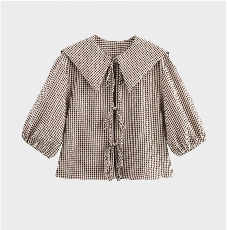 Women's Plaid Short Puff Sleeve Shirt