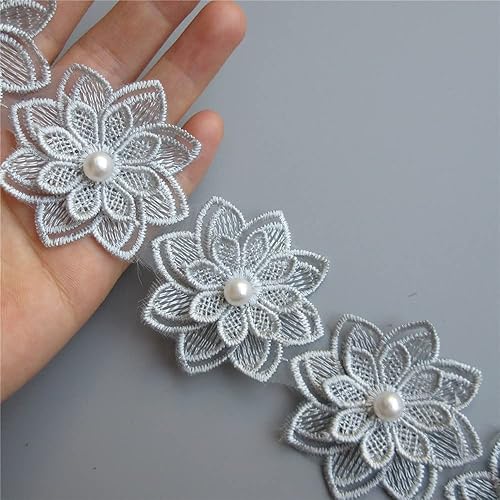 Miniatura 7 de 2 yardas 3D flor encaje borde borde perla bordado poliéster encaje cinta tela apliques patchwork para boda vestido de novia hecho a mano DIY costura