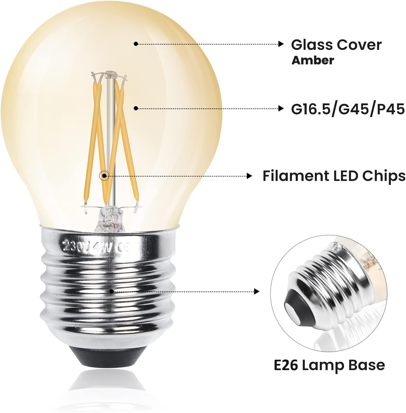 Bonlux Dimmable G16.5 Globe LED Light Bulb, 4W E26 Vintage Edison LED Filament Bulbs G16 1/2 Amber Glass Globe Cover 40W Equivalent for Ceiling Fan Decoration Light, Daylight 6000K (6-Pack)