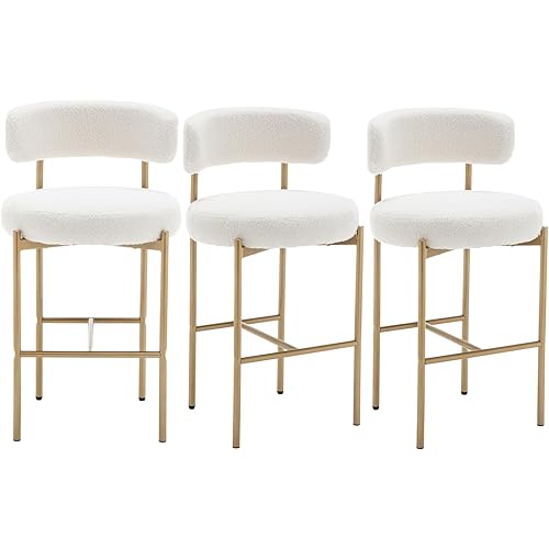 Gold Boucle Bar Stools Set of 3, 26" Modern Counter Stools with Backs, White Upholstered Barstools for Kitchen Island, Pub, Cafe