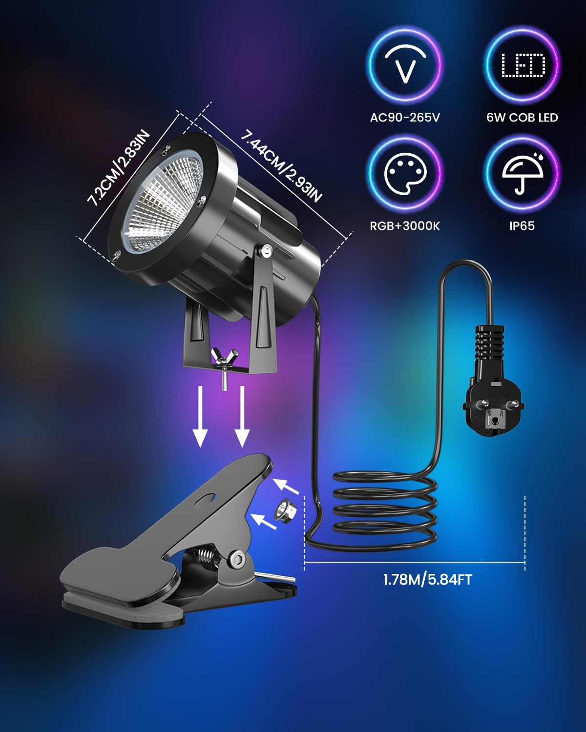 6W RGB LED Spot à Pince avec Télécommande, 15 Lumières RGB + Blanc Chaud 3000K, IP65 Résistant à l'Eau pour Intérieur et Extérieur, Lampe à Pince avec 1,78m Câble et Fiche