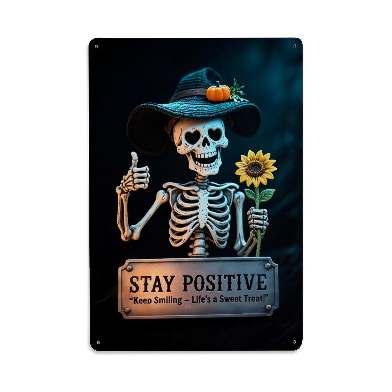 Jdyaojiesheng Vintage Skeleton With Hat And Flower Tin Sign Retro Metal Wall Decor Metal Poster, Home Bar Garage Farmhouse Cafe Wall Art Decoration 8X12inches