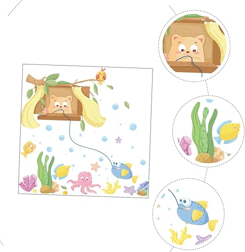 Miniatura 9 de Pegatina de pared de pesca de gatito para dormitorio de niños, calcomanías de pared para aula, decoración de pared bajo el mar, calcomanías de pared