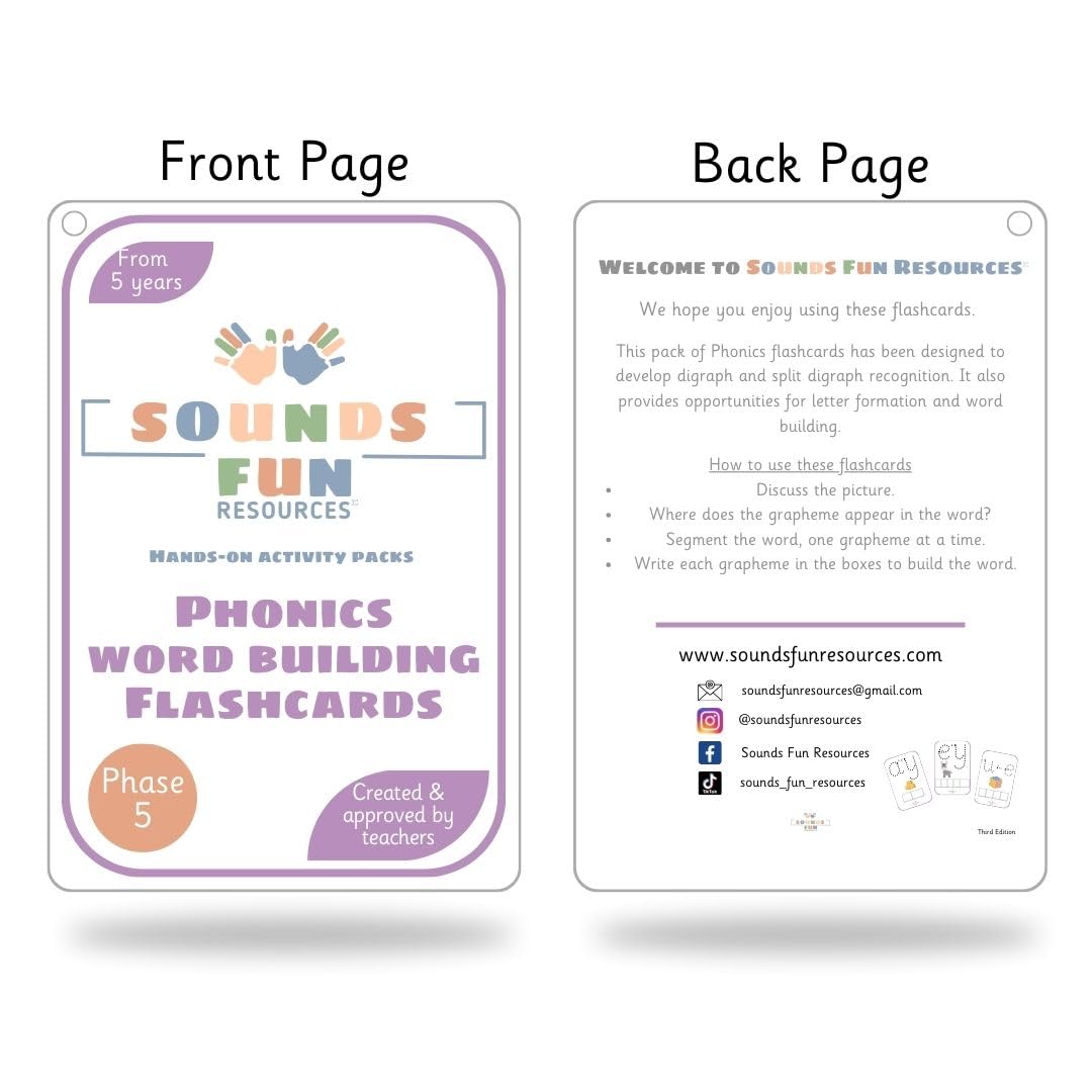 Phase 5 Word Building Phonics Flashcards, Wipeable A6 Educational cards for Children Ages 5+, Laminated with Binder Ring & Pen, Dotted Font & Word Building Frames, Home & School, Sounds Fun Resources - Image 3