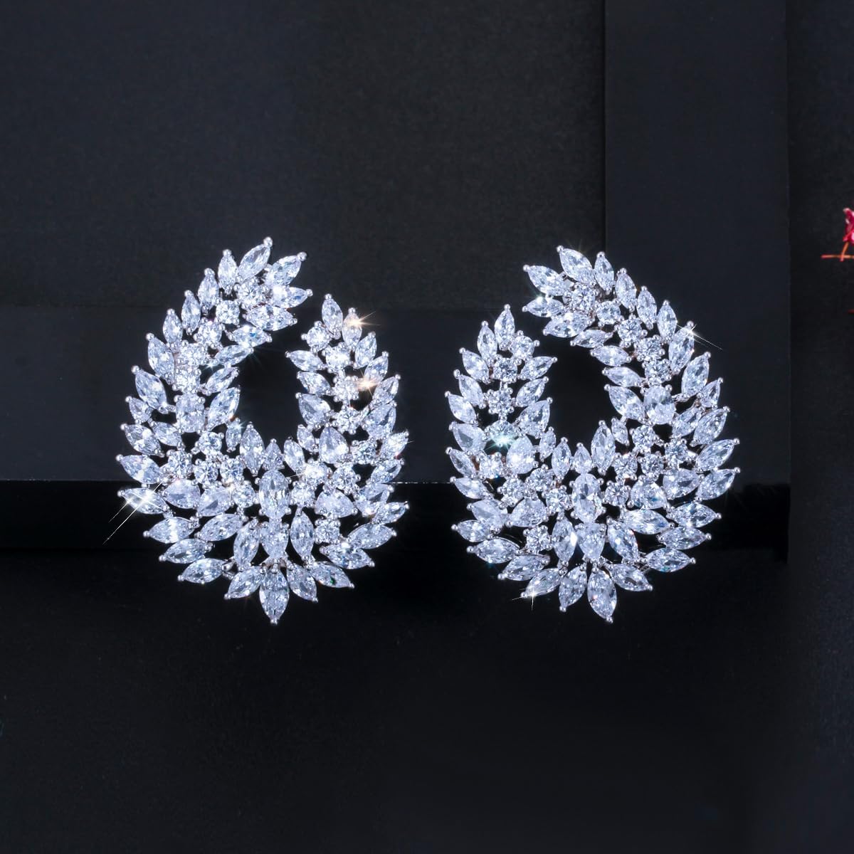 Luxury Cubic Zirconia Dangle Drop Big Earrings, Silver Plated, Clear Crystal Leaf Design, Wedding Bridal Party Statement Jewelry - Image 6