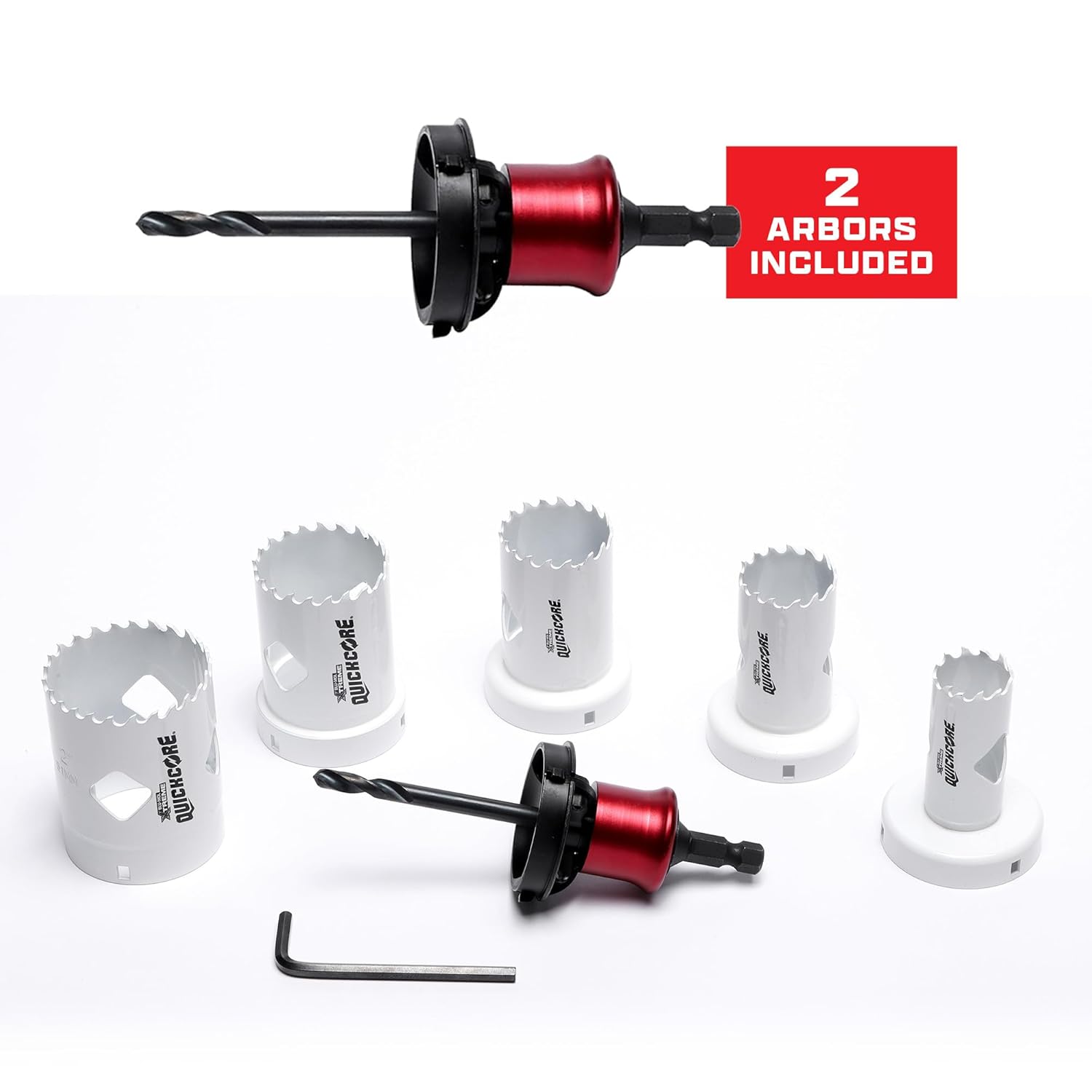 Disston QuickCore 7 pc Set - 1 Each: 1", 1-1/4", 1-1/2", 1-3/4", 2", and 2-1/2" Hole saws, with 2 Arbors with a Pilot Drill bit, Hex Key