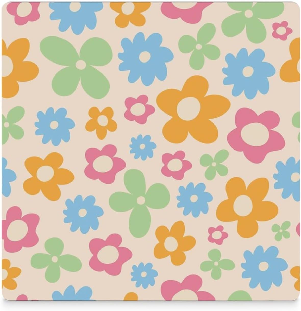 Floral Drink Coasters, Square Ceramic Drink Coaster Square-6PCS, Cartoon 70s Cute Flower Abstract Pastel Daisy Floral Decor Absorbent Ceramic Coasters for Beverage Cup, Bar, Coffee Table