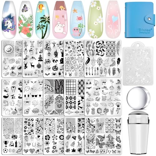 Biutee Nail Stamping Plates Set 15PCS Nail Art Stamper Scraper Nail Art Stamping Kit with Storage Bag Gift Box Nail Stamp Template Kit Lace Flower Butterfly Star Holiday Design
