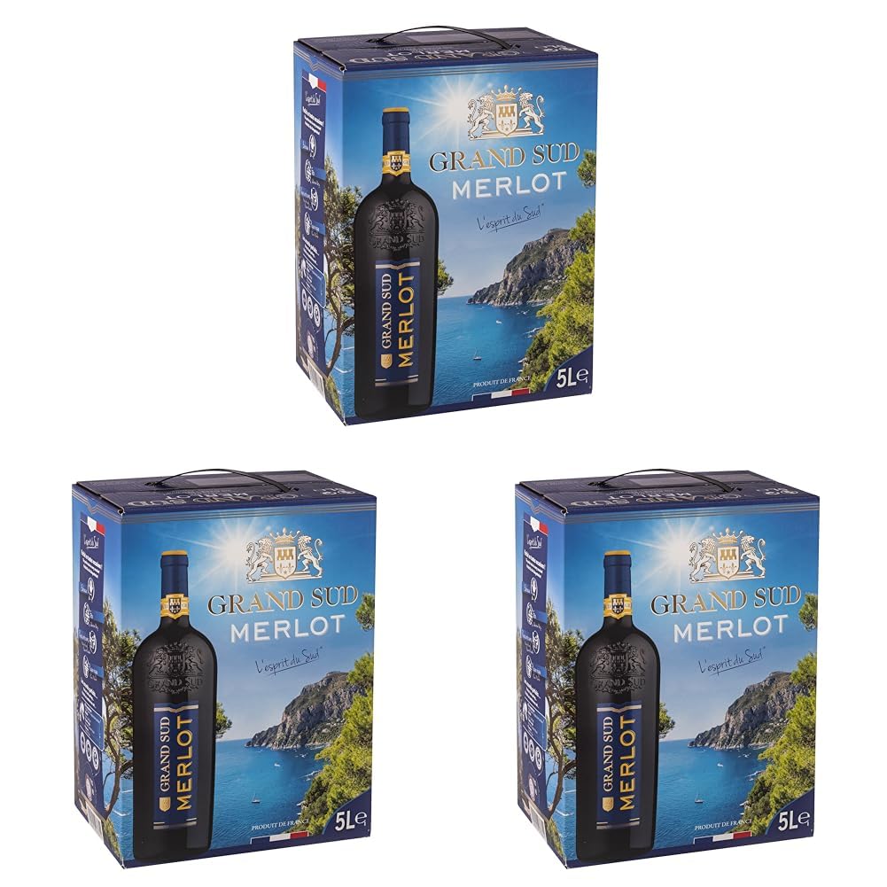 Grand Sud - Merlot aus Süd-Frankreich - Sortentypischer Trocken Rotwein - Großpackungen Wein Bag in Box 5l (1 x 5 L) (Packung mit 3)