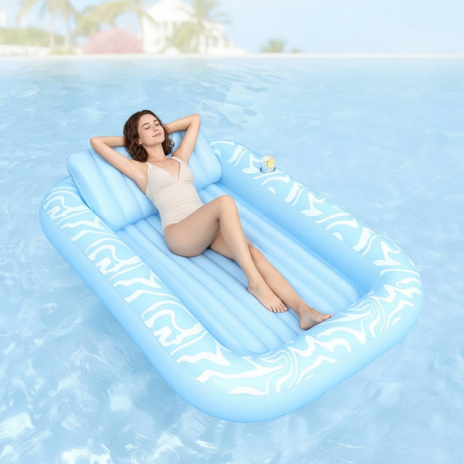 Letto Galleggiante Gonfiabile Lettino Gonfiabile Materassino Piscina Amaca Acqua con Pompa Domestica Gonfiaggio Rapido Portabicchieri Cuscino, Platino