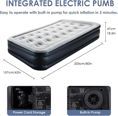 Miniatura 2 de JEAOUIA Colchón de aire tamaño individual con bomba incorporada para colchones inflables portátiles con parte superior flocada 18, cama de aire
