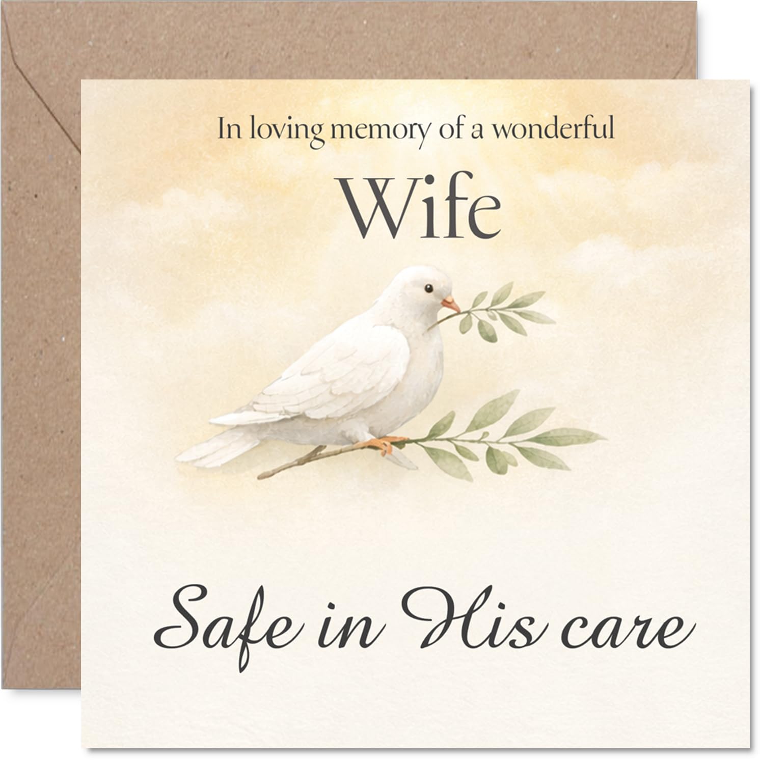 Comforting Sympathy Card - Loss of Wife - Peaceful Dove with Olive Branch Design - Soft Pastel Colours for a Gentle Tribute - 145mm Square, Envelope Included