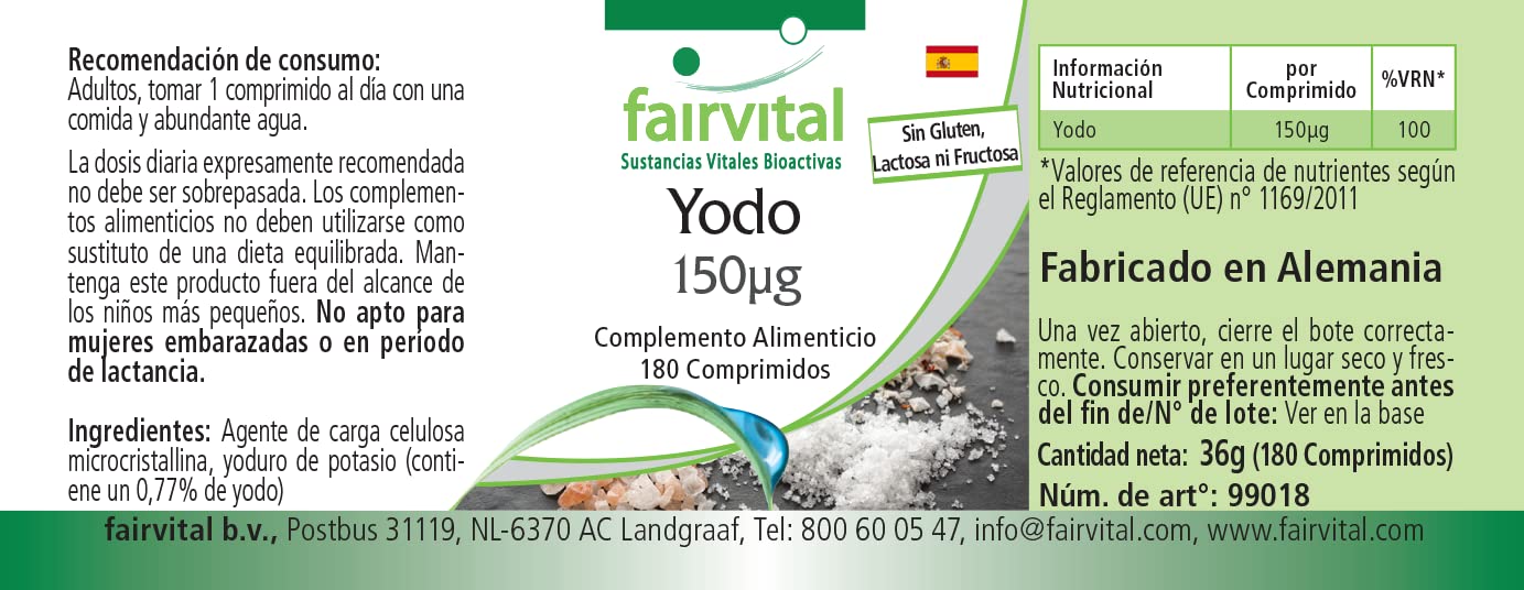 fairvital Compresse di iodio, 180 compresse, facili da deglutire, ALTO DOSAGGIO con 150 µg di iodio per compressa, a base di ioduro di potassio, VEGANE