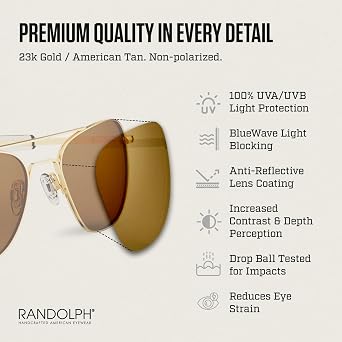 Randolph Eyewear Aviator Sunglasses for Women & Men Non-Polarized & Polarized Lenses, 23k Gold UV Protection Sunglasses