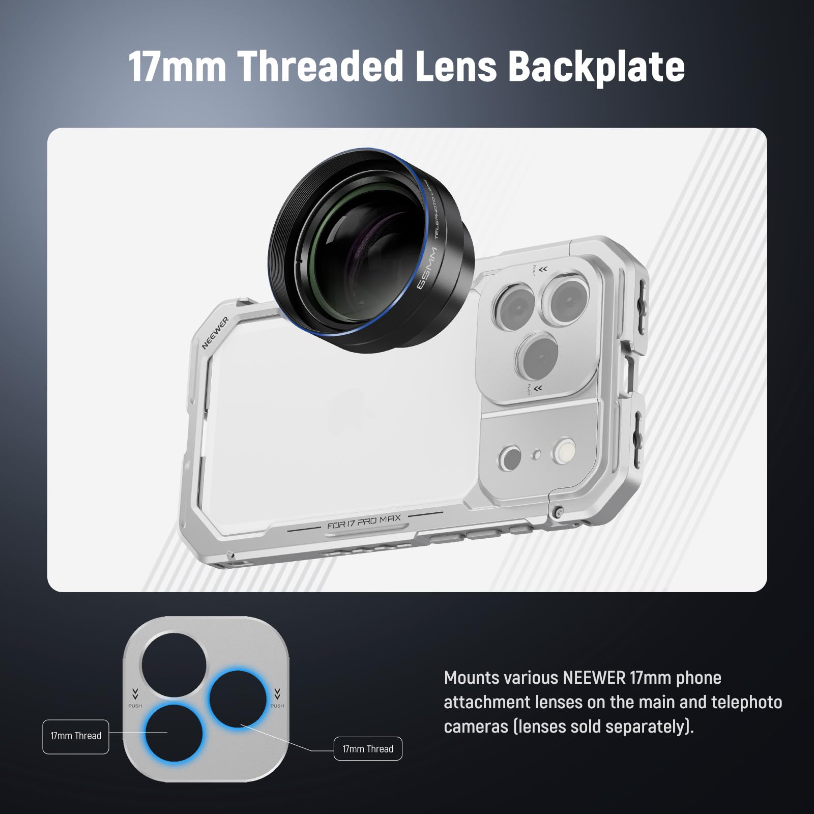 NEEWER PA143 Klatka na telefon kompatybilna z iPhone 17 Pro, akcesoria do stabilizatora wideo z pierścieniem filtrującym 67 mm, tylna płyta obiektywu 17 mm, adapter do montażu T, 4 x nakładka