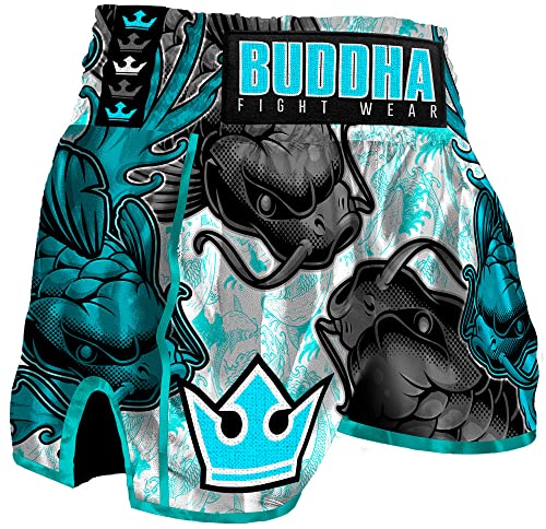 Buddha Fight Wear. Short Retro Koy Premium Blanc. Spécialement conçu pour le Kick Boxing, Muay Thai, K1 ou Toute modalité de Sports de Contact et Arts Martiaux, blanc, L