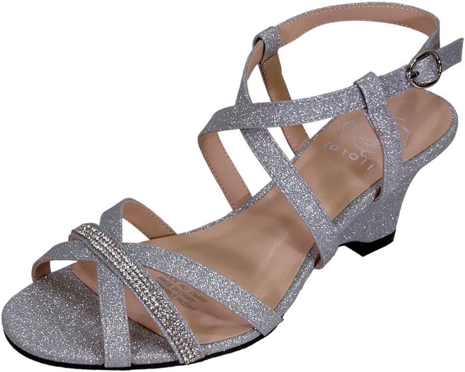 Floral Joanne (DP859) Women's Wide Width Rhinestone Strappy Wedge Heeled Sandals Silver 11