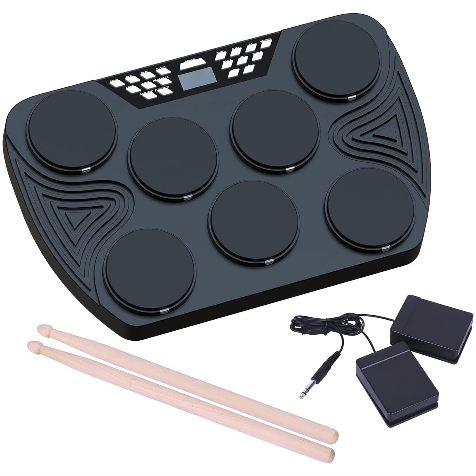 Batería Electrónica, Batería Eléctrica de Mesa con 2 Pedales y 2 Baquetas, Almohadilla de Batería de Práctica de 7 Pads con Panel Digital, Altavoces Incorporados, Soporte de Conexión de PC